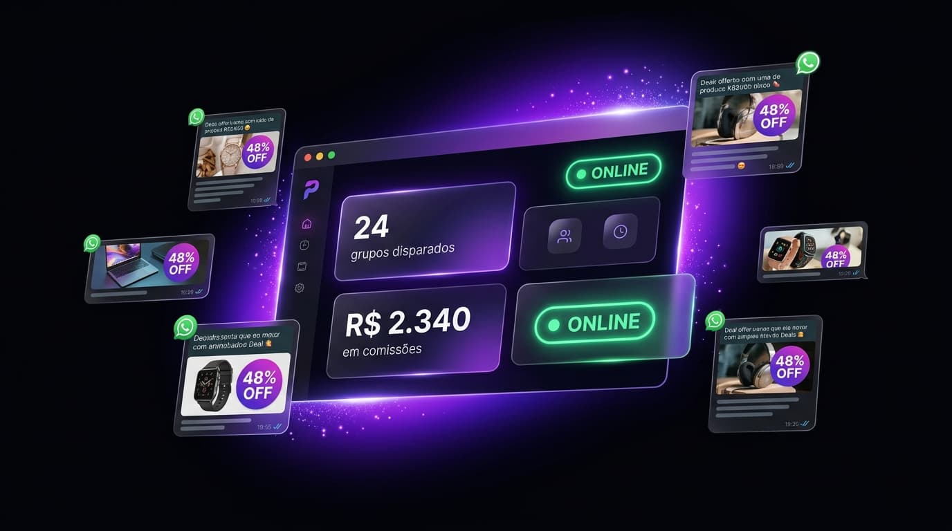 PromoFlow Dashboard em ação — grupos de WhatsApp recebendo ofertas automaticamente
